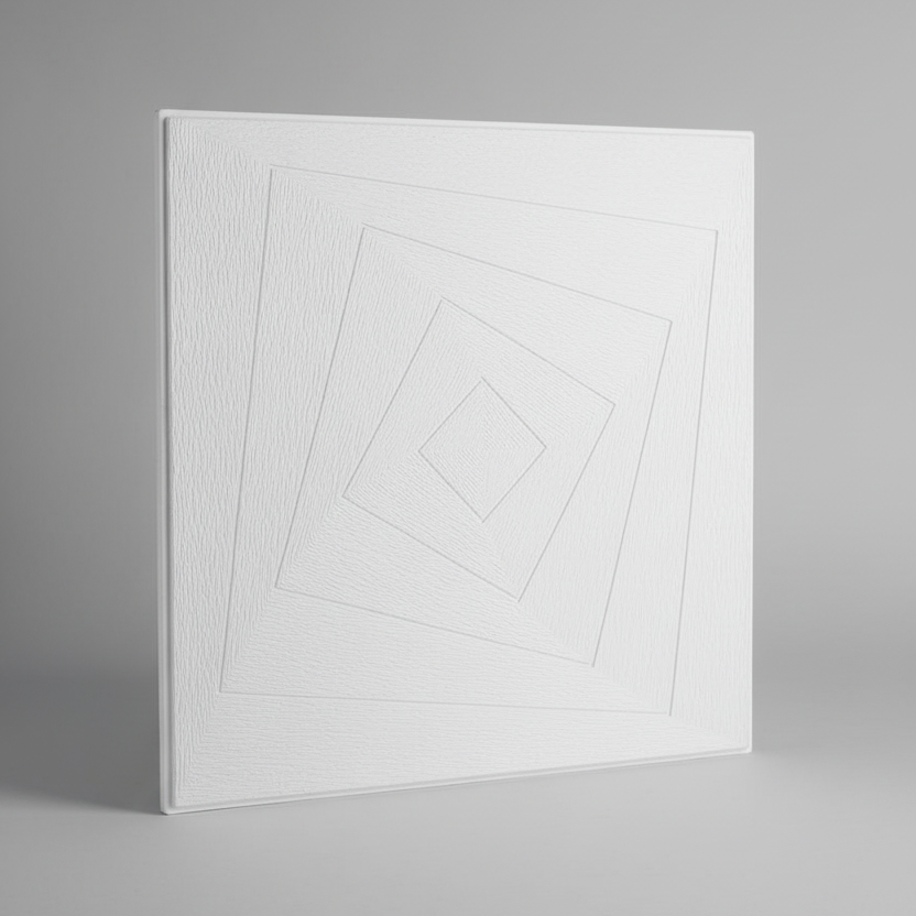 Gypsum tile with cross-hatch pattern on light gray background