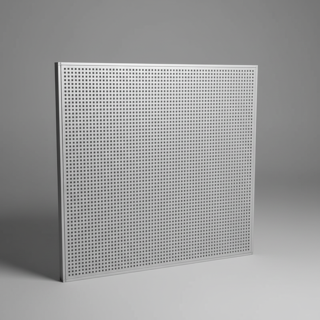 Perforated white aluminum acoustic panel - gray background